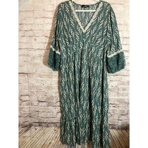 Suzanne Betro Peasant Dress 2X Olive Green Romantic Florals Babydoll Lace Trim
